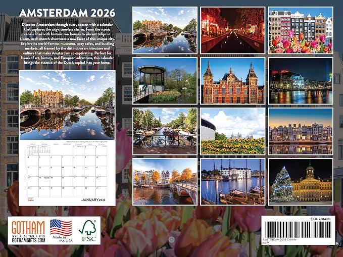 Amsterdam Calendar 2026 Monthly Wall Calender 12 Month | American Made In The USA