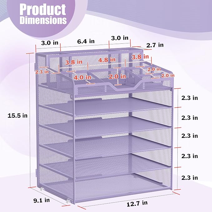 Docnest 6 Tier Mesh Desk Organizer with Letter Tray & Paper Sorter, Purple | Features 3 built-in pen holders & 5 adjustable compartments on top. Includes 4 non-slip rubber feet for desk protection