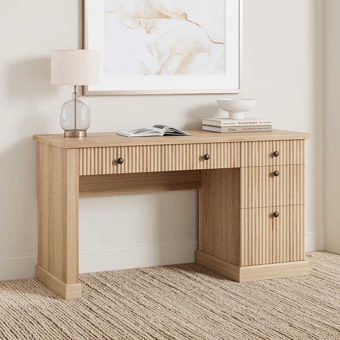 54" Fluted Home Office Desk, Oak Modern Executive Desk for Home Office | 1 File Drawer, 3 Drawers, Charging Station, Retro Metal Knob, Ball-Bearing Sliderails, Wooden Computer Desk, Writing Desk