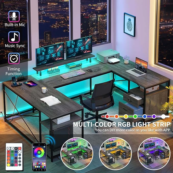 DWVO U Shaped Desk with Drawers | 79" Reversible L Shaped Desk with Power Outlets & LED Lights, Corner Computer Desk with Monitor Stand & Storage Shelves, Grey