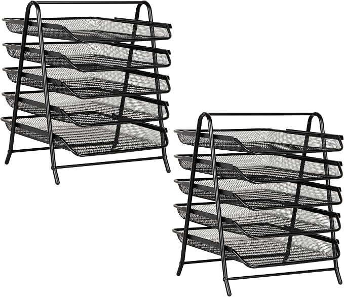 Mind Reader 5-Tier Paper Tray, Desktop Organizer, File Storage, Office, Metal Mesh, 11.75"L x 14"W x 15"H, Set of 2, Black