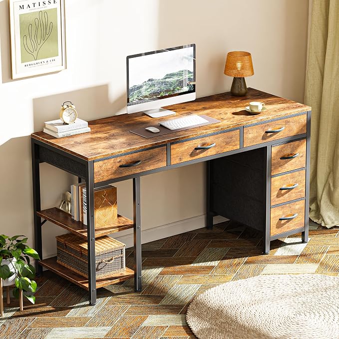 Huuger Computer Desk with 6 Drawers, Office Desk with Shelves, Reversible Gaming Desk, Corner Desk with Storage, Work for Home Office, Study, Living Room, 47inch, Rustic Brown