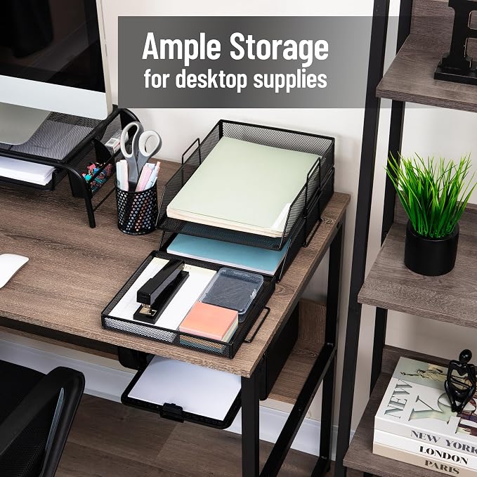 Mind Reader 2 Tier Paper Tray with Top Supply Compartment, Desktop File Organizer, Metal Mesh, Black