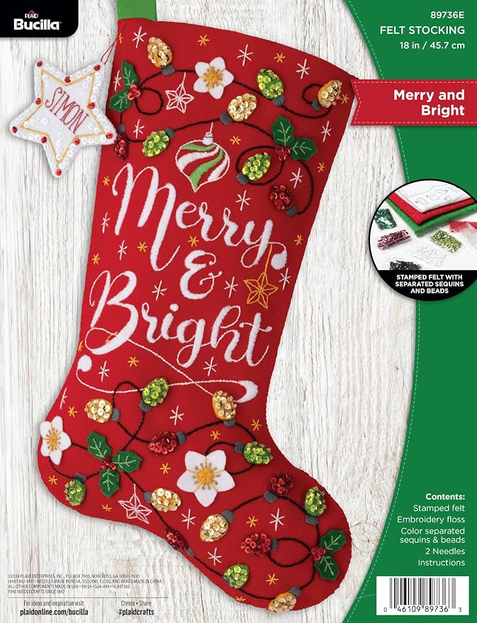 Bucilla Felt Applique 18" Stocking Making Kit, Merry and Bright, Perfect for DIY Arts and Crafts