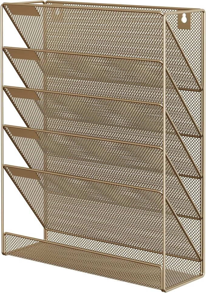 EasyPAG 5 Tier Wall File Holder, Mesh Hanging Folder Organizer with Classify Label, Versatile Desk File Holder, Vertical Wall Mounted Mail Organizer for Office Home Cubicle, Gold