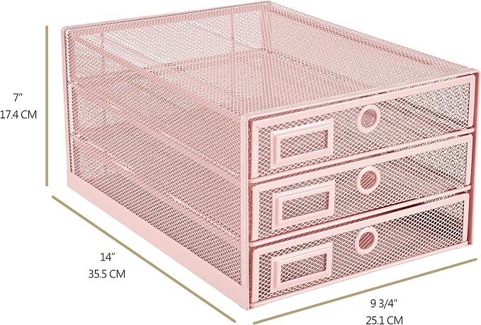 Annova Desk Organizer Wire Mesh 3 Tier Sliding Drawers Paper Sorter/Multifunctional/Premium Solid Construction for Letters, Documents, Mail, Files, Paper, Kids' Art Supplies (Light Pink)