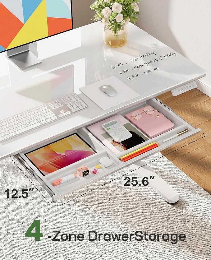 Marsail 37 x 22 inch Glass Standing Desk with 4-Zone Drawer Storage, 3 Pack | 28.3–46.5 Inch Height Range, One-piece Glass top, Sit Stand Design, White finish, Compact Desk for Computer & Home Office