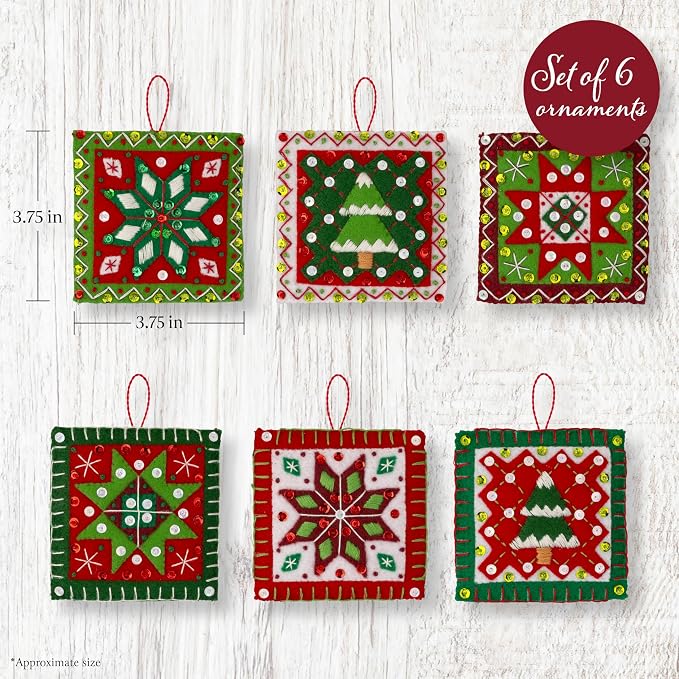 Bucilla Felt Applique 4 Piece Ornament Making Kit, Holiday Quilt Squares, Perfect for DIY Arts and Crafts, 89753E
