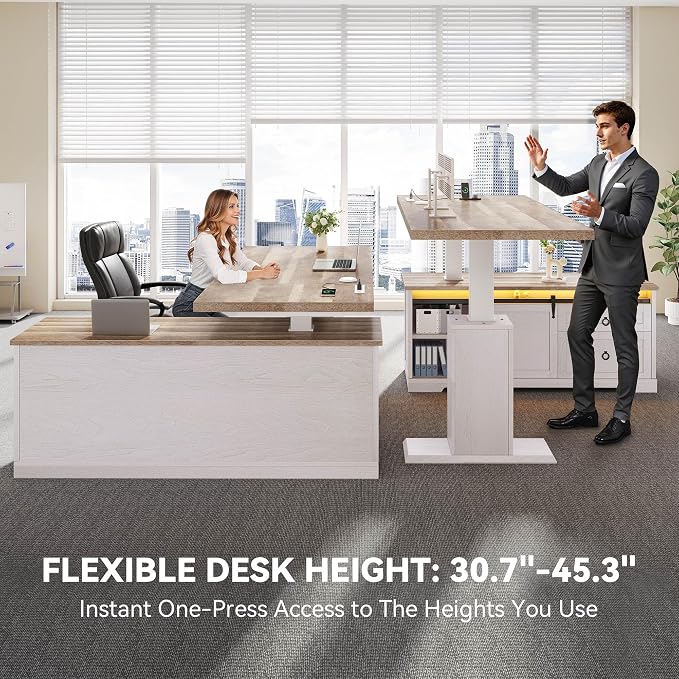 YITAHOME L Shaped Standing Desk with Power Outlets & LED Lights | 63" Farmhouse Electric Standing Desk Adjustable Height Sit Stand Corner Stand Desks with Drawers & Sliding Door, Grey Wash