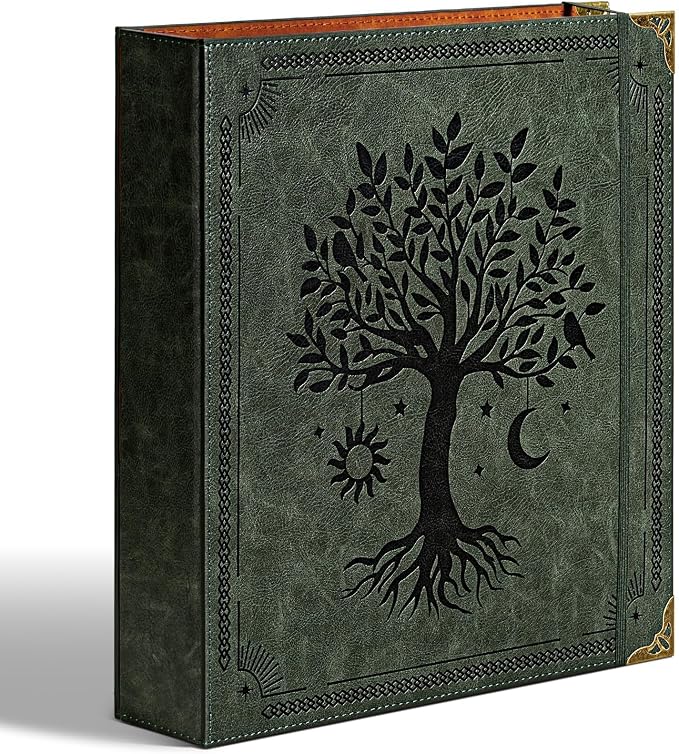 Ovesmusl PU Leather D Ring Binder, 2 Inch Green Tree | Fits 8.5x11 letter paper, holds 550 sheets, inner pockets, loose leaf organizer