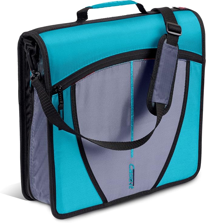 Case-it School Zipper Binder | 3" O-Rings | 600-Sheet | D-146 Aqua Marine | Mighty Zip Tab, 5-Subject Expanding File Folder, Multiple Pockets, Storage Organizer, Shoulder Strap, Office