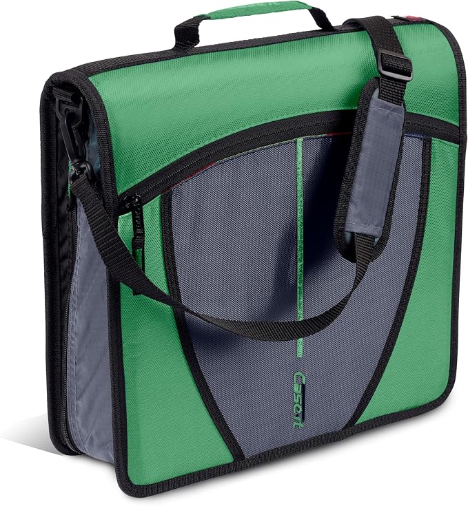 Case-it School Zipper Binder | 3" O-Rings | 600-Sheet | D-146 Canopy Green | Mighty Zip Tab, 5-Subject Expanding File Folder, Multiple Pockets, Storage Organizer, Shoulder Strap, Office
