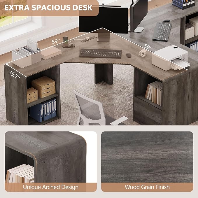Computer Desk, Grey | Corner Desk w/ Fluted Storage, Sliding Doors, Drawers & 4AC+USB-C. Reversible Fits Any Room Layout For Home Office