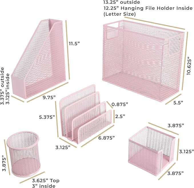 BLU MONACO | Pink Desk Organizer Set | 5 Piece Metal Office Desk Organizer with Hanging File Holder, Magazine Organizer, Pen Cup, Sticky Note Holder, Letter Sorter | Desk Organizers and Accessories