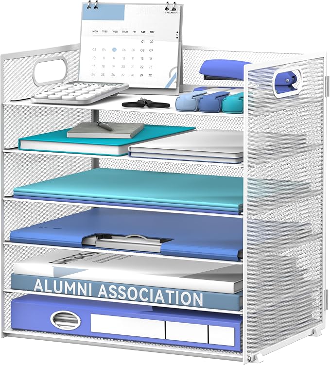 Daltack 6-Tier Paper Organizer for Desk with Handle, White | Sturdy Metal Mesh Organizer with Movable Middle Trays and a Carry Handle for Papers, Folders and Office Supplies