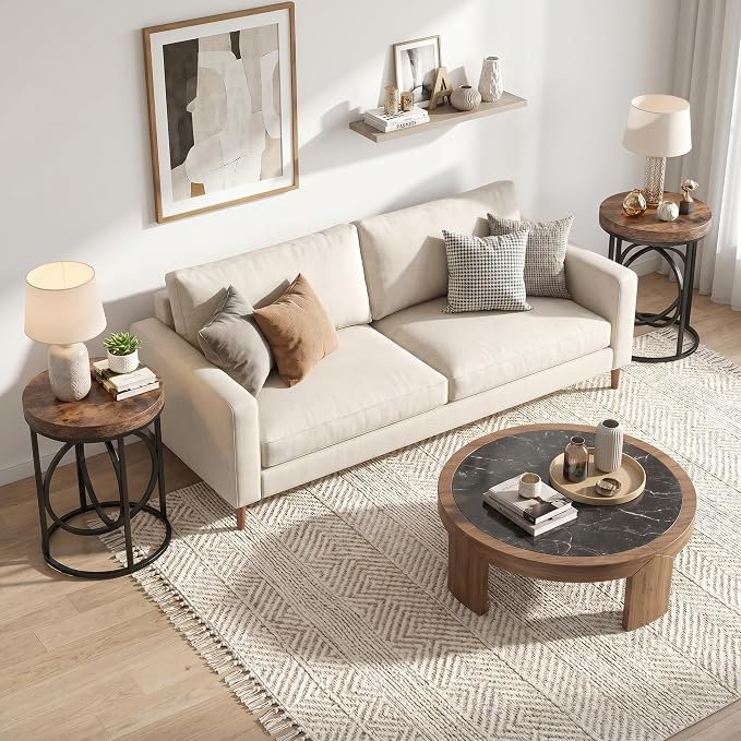 LITTLE TREE 20” Round End Table with Thick Wood Top，Modern Sofa Side Table with Gold O-Shaped Base, Midcentury Accent Table Cocktail Table Nightstand for Living Room Bedroom