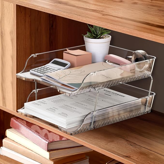 Simple Houseware 2-Tier Stackable Paper Tray for Desk Organizer, Clear | Desktop File Holder for A4/Letter Size Documents, File Sorter, Paper Holder, Office File & Accessories Storage