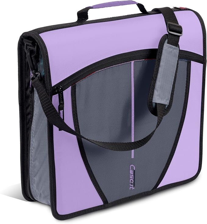 Case-it School Zipper Binder | 3-Inch O-Rings | 600-Sheet | D-146 Lavender | Mighty Zip Tab, 5-Subject Expanding File Folder, Multiple Pockets, Storage Organizer, Shoulder Strap, Office