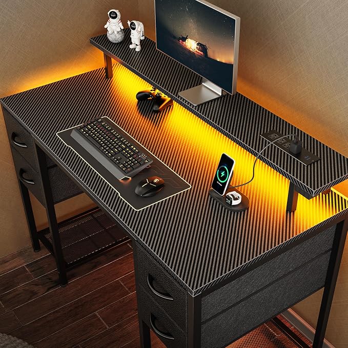 Huuger 47 inch Computer Desk with Power Outlets & 4 Drawers | Gaming Desk with LED Lights, Home Office Desk with Storage Space, Work from Home, Carbon Fibre Black