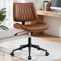 Ergonomic Armless Office Desk Chair - Mid-Century Modern Brown Faux Leather with Diamond Stitch, Adjustable Height Swivel Rolling Task Computer Chair with Walnut Accent for Home Office, Study & Work
