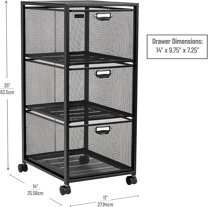 Mind Reader Office Storage Organizer with Mesh Drawers Label Holders and Optional Wheels, Metal Mesh, Black