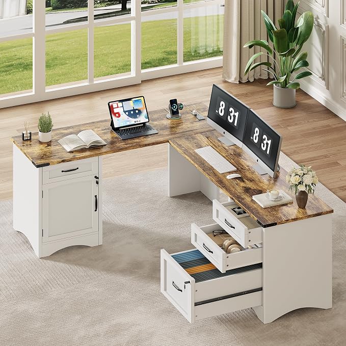 Decofy 67" L-Shaped Standing Desk, File Cabinet & Charging Station, White | Four Drawers, File Cabinet, Farmhouse Corner Desk, Wood Workstation, White Finish, For Home Office, Study and Writing