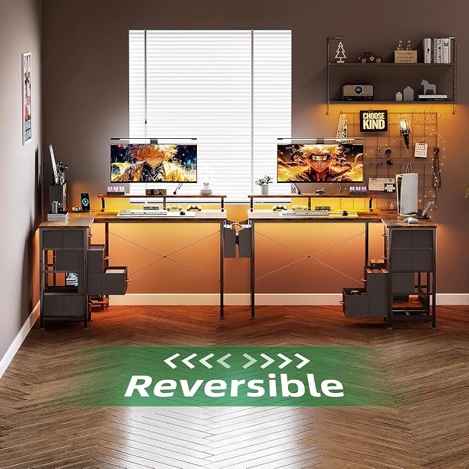 VERMESS 47" Reversible L Shaped Gaming Computer Desk, Corner Desk with Power Outlets & Monitor Stand, Writing Study Table with 4 Storage Drawers, Desk with LED Lights, Rustic Brown