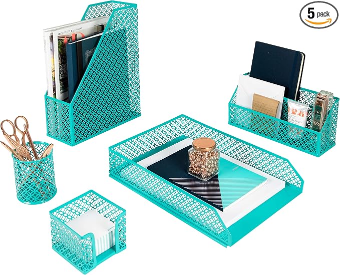 BLU MONACO | Dark Teal Desk Organizer Set | 5 Piece Metal Desk Accessories with Mail Sorter, Pen Cup, Sticky Note Holder, Magazine File, Paper Tray | Desk Organizers and Accessories