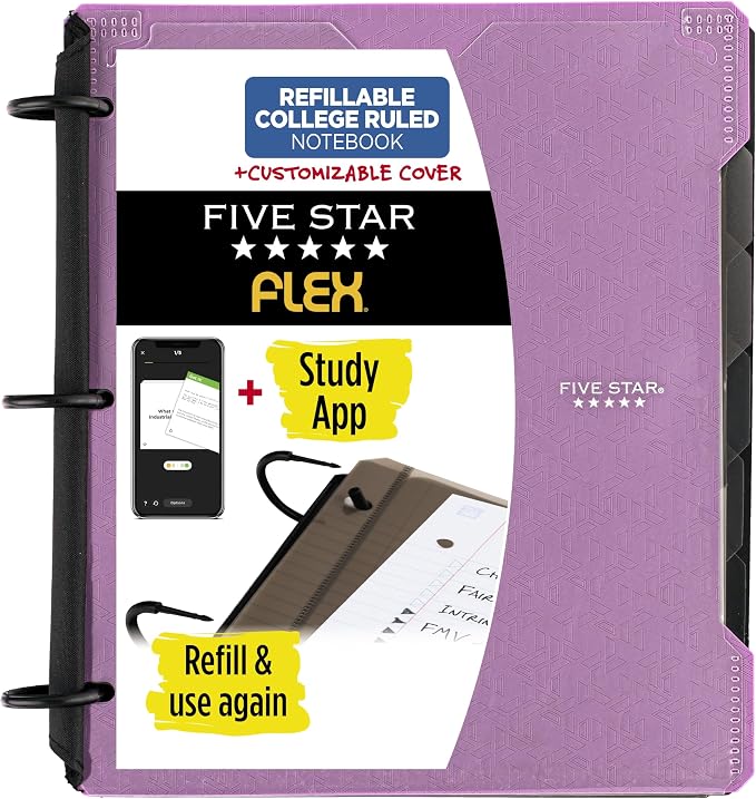 Five Star Flex Refillable Notebook + Study App, College Ruled Paper and 1 Inch TechLock Ring Binder with Customizable Cover, Pockets, Tabs and Dividers, 200 Sheet Capacity, Amethyst Purple (293260AB6)