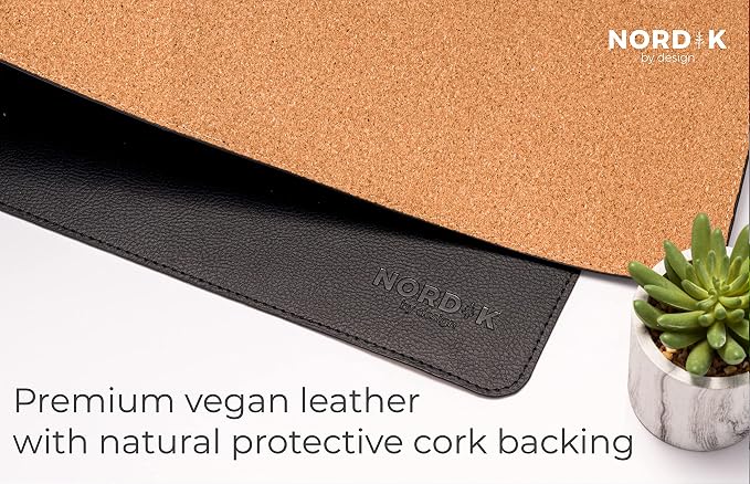 Nordik Leather Desk Mat - Cork Pebble Black - Leather Desk Pad (35x17 in) | Premium Vegan Leather Desk Pad with Cable Organizer, Giftable, Extended Waterproof Mouse Mat, Non-Slip Desk Pad Protector