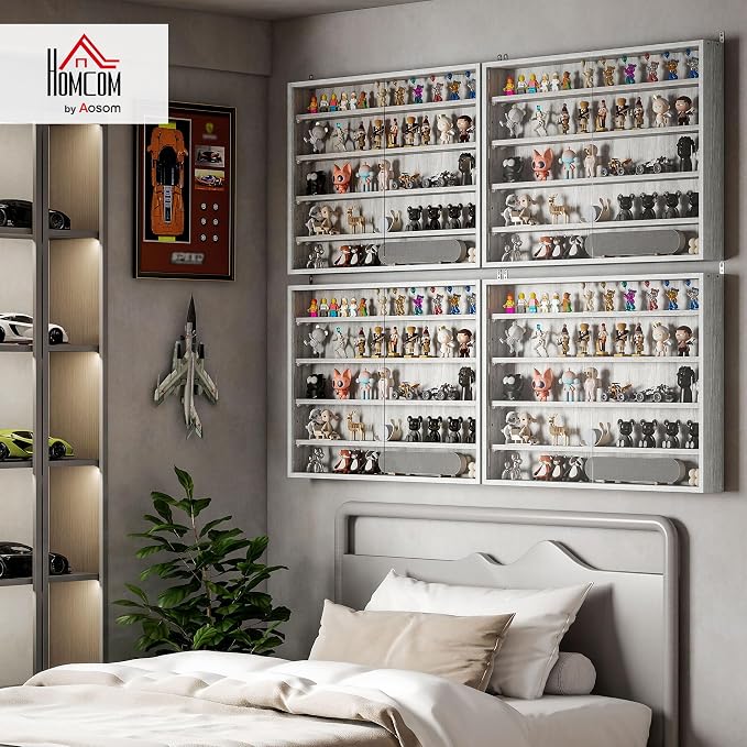 HOMCOM 5-Tier Wall Mounted Display Cabinet Glass Doors 60x80cm Gray | Display Case, 4 Adjustable Shelves, for Home Office Ornaments