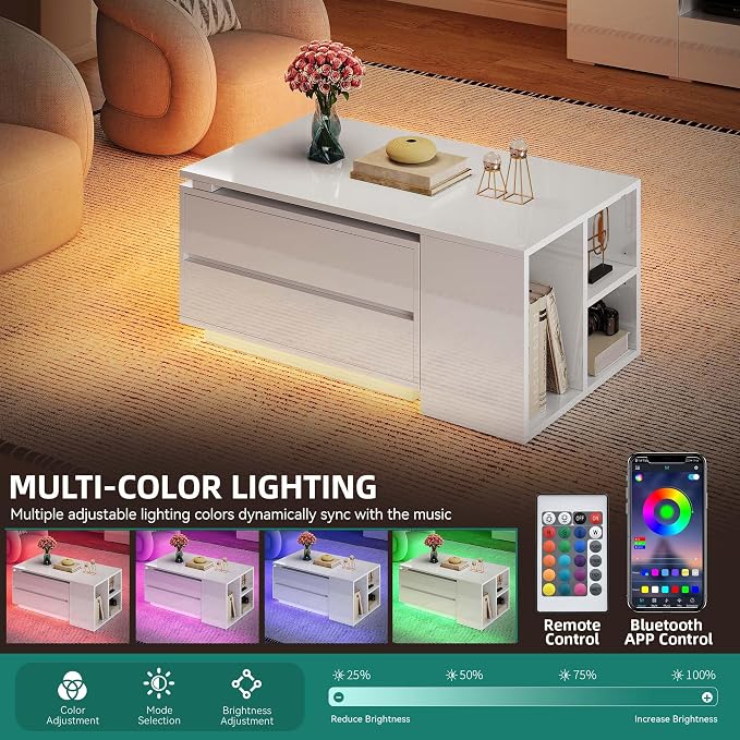 YITAHOME 35"-61" Extendable LED Coffee Table with 4 Drawers, White | Center Table with 4 Storage Drawers, Open Shelves, Sliding Extendable Top, LED Lighting, for Living Room Home Office