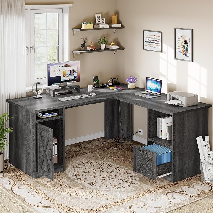 YITAHOME L Shaped Desk with Power Outlets | Computer Corner Desk, File Drawer, Monitor Stand & Storage Shelves, File Cabinet
