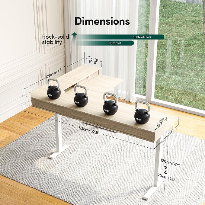 CubiCubi 63x48 Inches L Shaped Standing Desk with 3 Drawers and Monitor Shelf, Height Adjustable Corner Computer Desk with Hooks, Sit Stand Up Ergonomic Home Office Workstation Table, Light Walnut