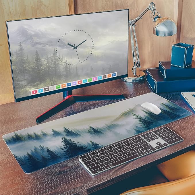 Extended Gaming Mouse Pad – Forest Desk Mat with Foggy Woodland Design – Large 31.5x11.8 in, Non-Slip Rubber Base, Water-Resistant, Stitched Edges