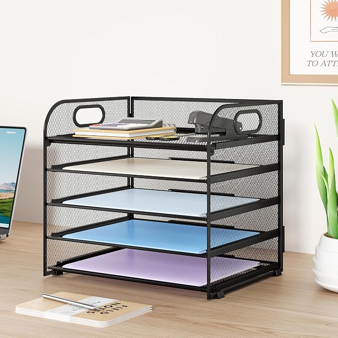 Paper Organizer Letter Tray with Handle Mesh 5 Trays-Black 2 Pack | Desk File Organizer Paper Sorter Desk Organizer for Office, Home or School