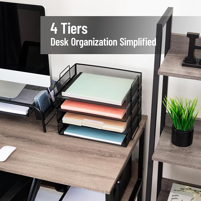 Mind Reader Stackable Paper Tray, Desktop Organizer, File Storage, Office, Metal Mesh, 4 Pcs., Black