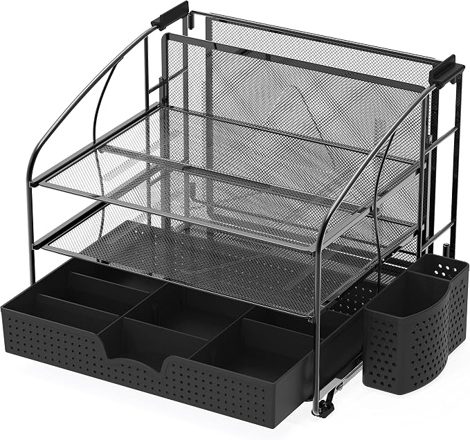 Simple Houseware 3-Tier Desk Organizer with Sliding Drawer, Black | Hanging File Holder and Pen Holder Accessory