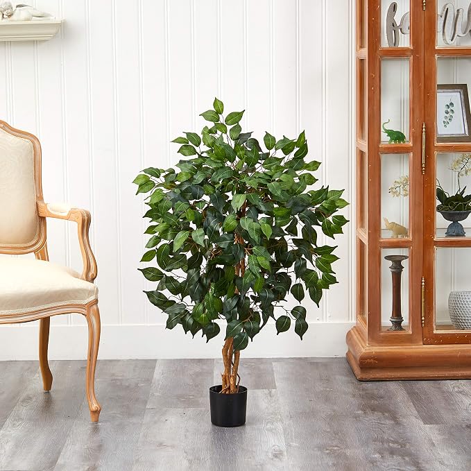 Nearly Natural 3 ft Artificial Ficus Tree with Natural Wood Trunks | Triple-Trunk Faux Ficus Tree, 378 Lifelike Leaves, Maintenance-Free, Black Nursery Pot, Indoor Home and Office Decor