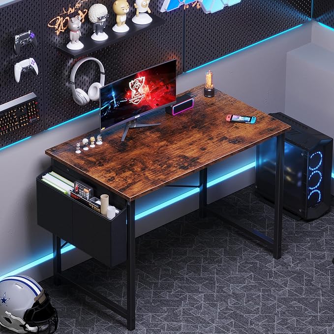 OLIXIS Small Computer Desk, 40 Inch Gaming Desks for Home Office | Writing Study Craft Work Table, Computer Workstation for Bedroom Small Spaces with Storage Bag, Brown