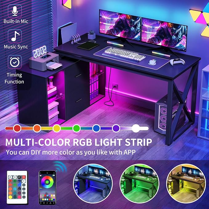 YITAHOME L Shaped Desk with Power Outlets & File Cabinet,55" Reversible Corner Computer Desk with Drawers & LED Lights, L-Shaped Desk with 4 Glass Open Storage Shelves, Black