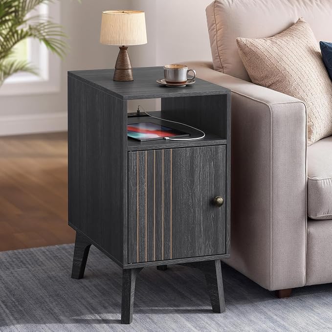 VASAGLE End Table with Charging Station, Narrow Side Table, Nightstand | Tapered Legs, Curved Transitions, for Small Spaces, Living Room, Bedroom, Charcoal Gray, MAEZO Collection ULET329B101S