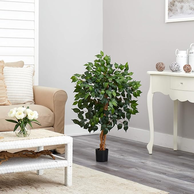 Nearly Natural 3 ft Artificial Ficus Tree with Natural Wood Trunks | Triple-Trunk Faux Ficus Tree, 378 Lifelike Leaves, Maintenance-Free, Black Nursery Pot, Indoor Home and Office Decor