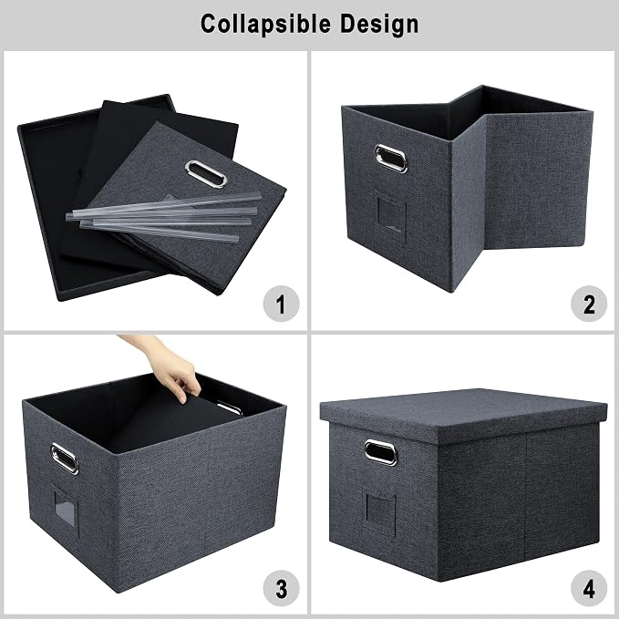 Storage Bins With Lids Office Organization File Folder Organizer Boxes | Dark Gray, 4 Pack, 15.1" * 12.2" * 10.04", Built-In Handle, Collapsible, Stackable, Dustproof, Linen Fabric, Cardboards