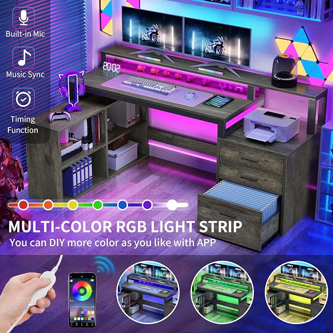 YITAHOME L Shaped Desk with 3 Drawers | 3 Drawers, Power Outlets & LED Lights, File Cabinet & Printer Stand, For Home Office