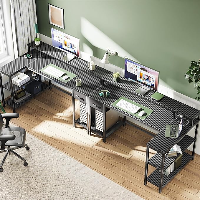 SUPERJARE 53 inch Reversible L Shaped Desk with LED Lights & Power Outlets, Computer Desk with Shelves & Monitor Stand, Gaming Desk with Drawer, Home Office Desk, Carbon Fiber Black