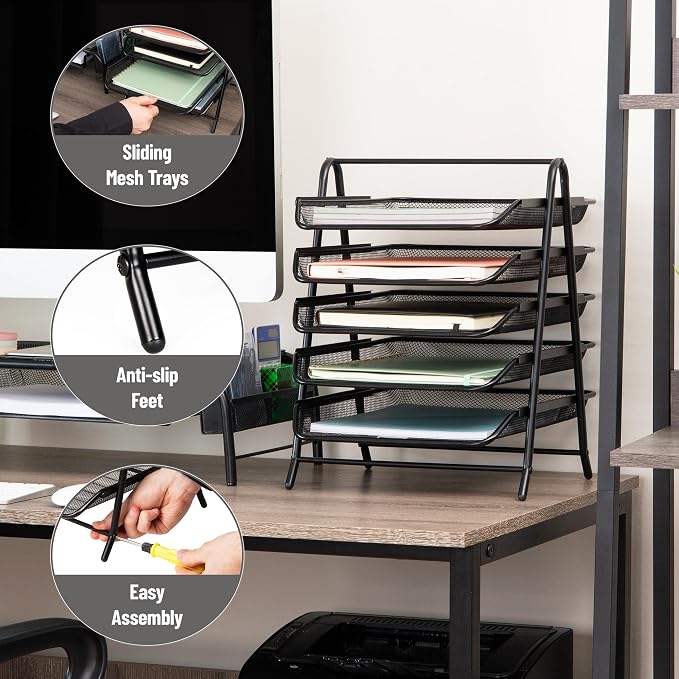 Mind Reader 5-Tier Paper Tray, Desktop Organizer, File Storage, Office, Metal Mesh, 11.75"L x 14"W x 15"H, Set of 2, Black