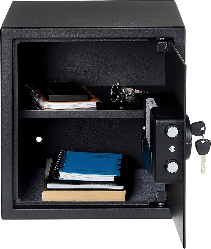 Amazon Basics Steel Home Security Electronic Safe with Digital Keypad, Programmable Lock for Important Documents, Jewelry, Valuables, 1.2 Cubic Feet, Black, 13"W x 13"D x 14.2"H