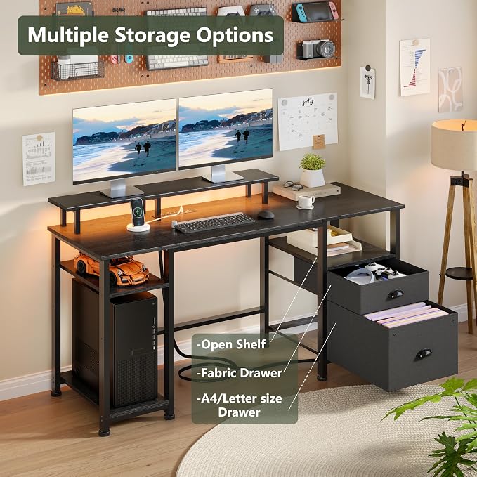 Furologee 51" Gaming Desk with Power Outlets & LED Lights, Reversible Computer Desk with File Cabinet & Monitor Stand for Home Office, Large Work Table with Storage Shelves & Drawer, Black