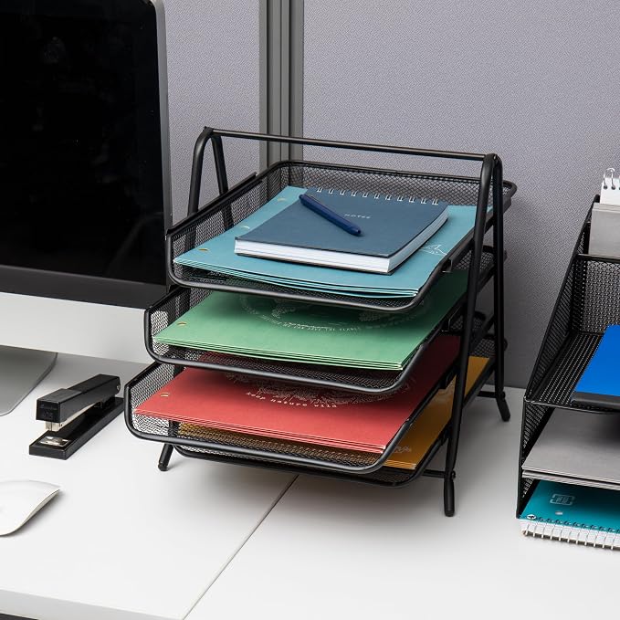 Mind Reader 4-Tier Paper Tray, Desktop Organizer, File Storage, Office, Metal Mesh, 12" L x 13.75" W x 12.5" H, Pack of 2, Black